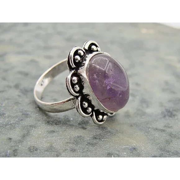 Amethyst Natural Stone Ring Sterling Silver Plated Birthstone Floral Frame 7.5 - Picture 2 of 10